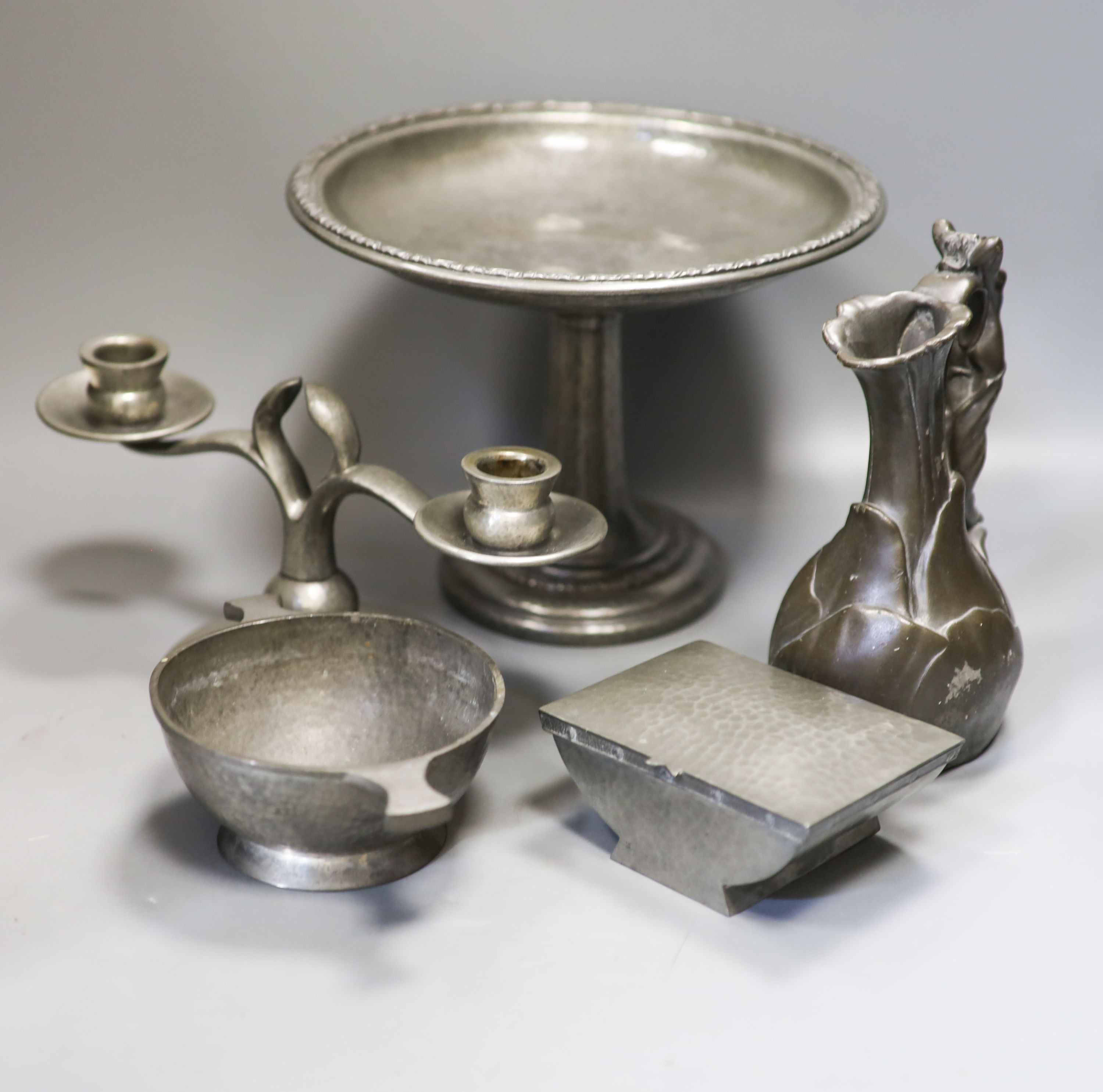 J Garnier - cast pewter jug in Art Nouveau style, Two Liberty's Tudric hammered pewter items and two other pewter wares